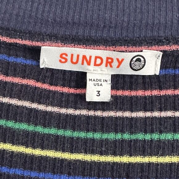 Sundry Striped Henley 3‎ Large Long Sleeve Blue Raw Hem Knit Casual Colorful Top - Picture 5 of 11